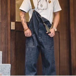 Streetwear Work Cargo Jumpsuit Retro Straight Pant Dungarees Baggy Bib Trousers
